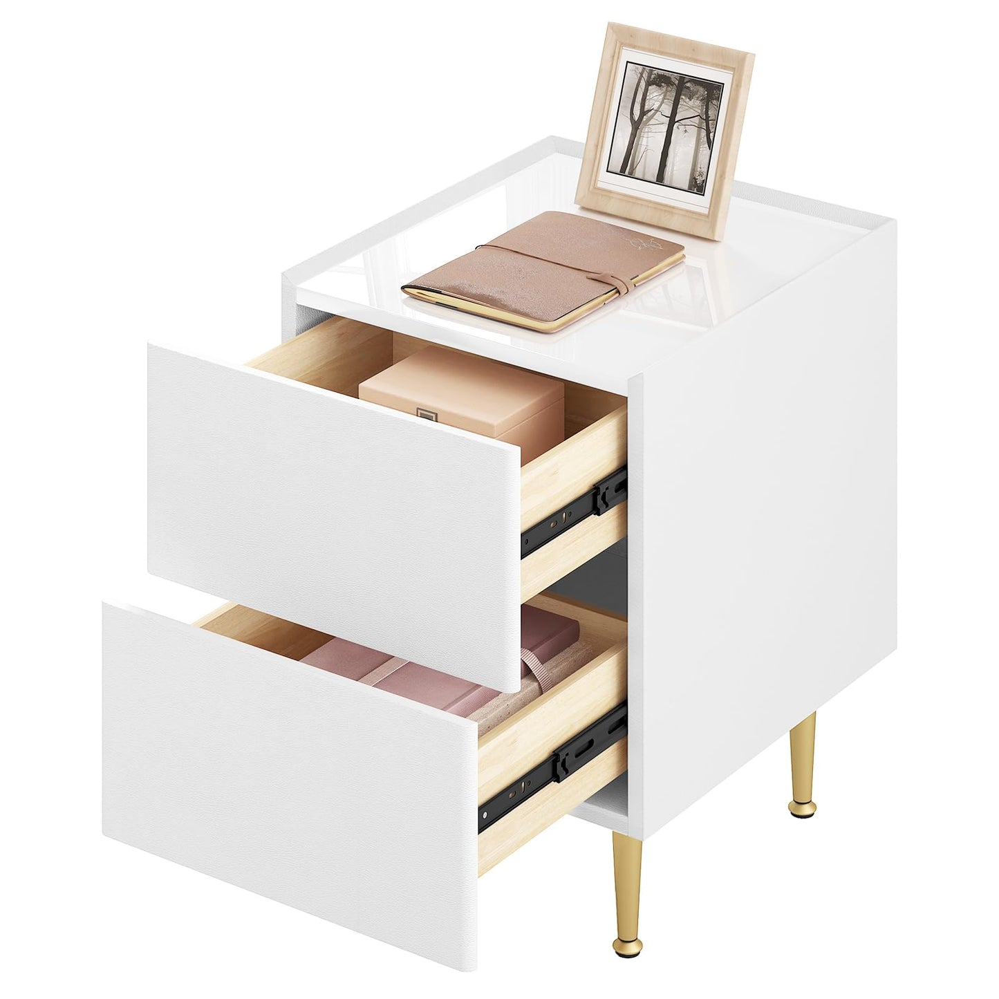 WOLTU NTS10ws03 Nachttisch – 2 Schubladen – Hochglanzweiß mit Gold – 35 x 40 x 51 cm – Holz, PVC und Metall