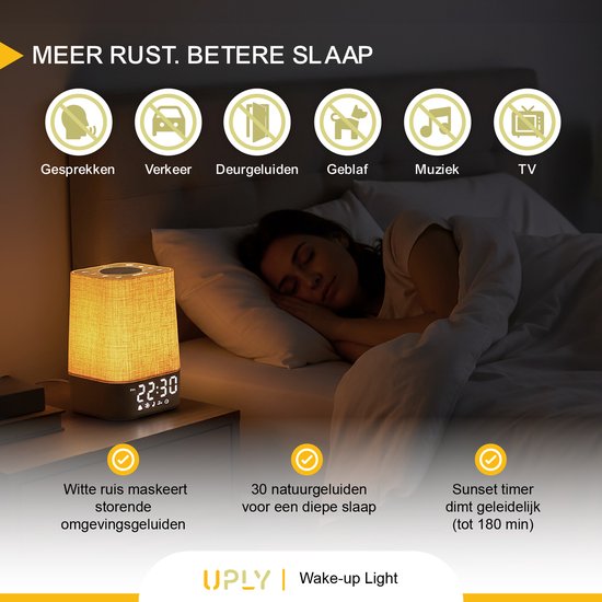 UPLY Wake up light - Mit USB-Ladestation - Mit 30 Tönen - Wecker mit Licht - Weißes Rauschen - Digitaler Wecker