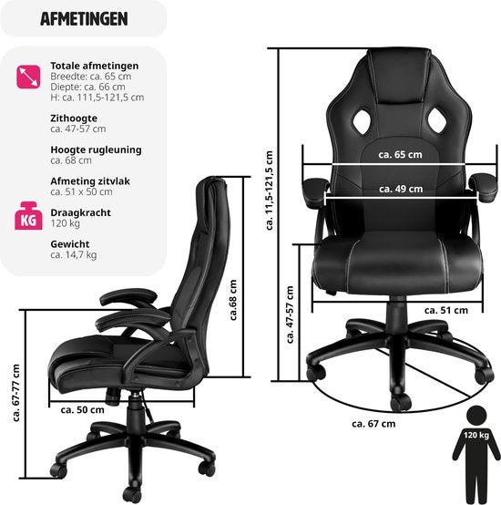 tectake - Bürostuhl Gaming Stuhl - Luxus Schreibtischstuhl Bürostuhl - Rennstuhl Schreibtischstuhl Gaming Stuhl Tyson - schwarz