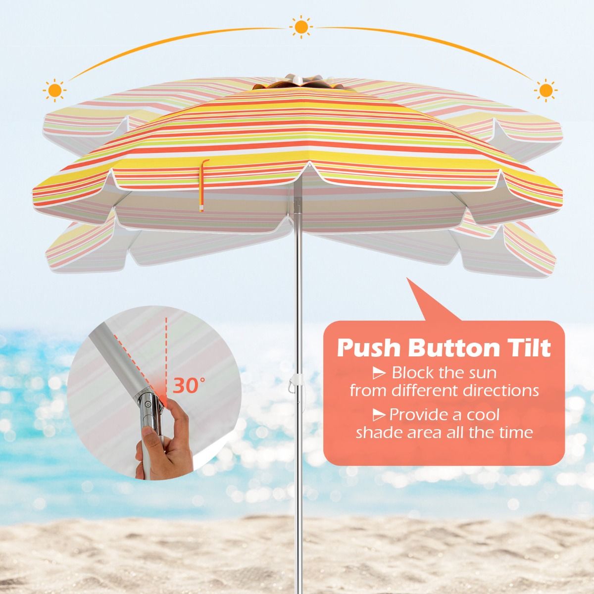 Coast Beach Parasol Ø198 x 206 cm - Rot/Gelb - Tragbarer Sonnenschirm mit Sandanker & Tragetasche