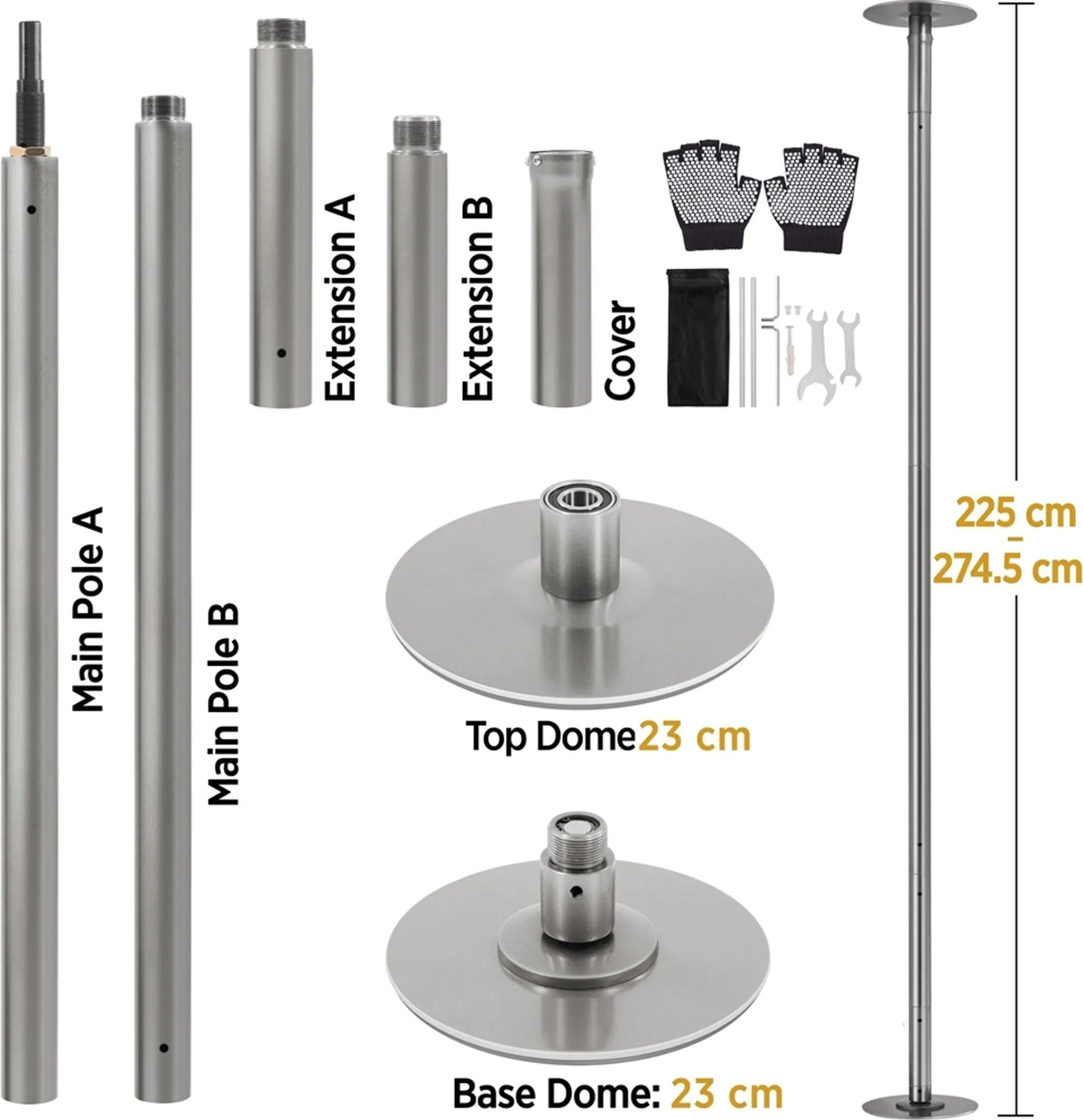 Yaheetech Tanzstange 45 mm – Statisch und drehbar – Verstellbar von 225 bis 274,5 cm – Mattsilber