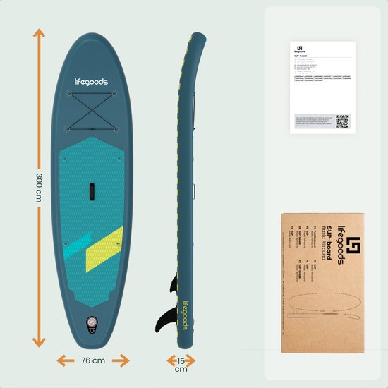 LifeGoods SUP Board All-round Compact - mit Sitz - 100 KG Tragfähigkeit - 300 x 76 cm - Aufblasbar - Komplettes SUP Paket - Cyan/Dunkelgrün