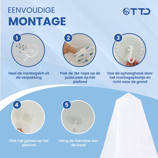 TTD® Hochwertiges XXL Moskitonetz 2 Persoons mit Reisetasche - Polyester - Waschbar in der Waschmaschine - Moskitonetz 1 Persoons - Moskitonetz Baby - Moskitonetz - Moskitonetz - 65 x 250 x 1250 cm - Inklusive Ring und Montageset