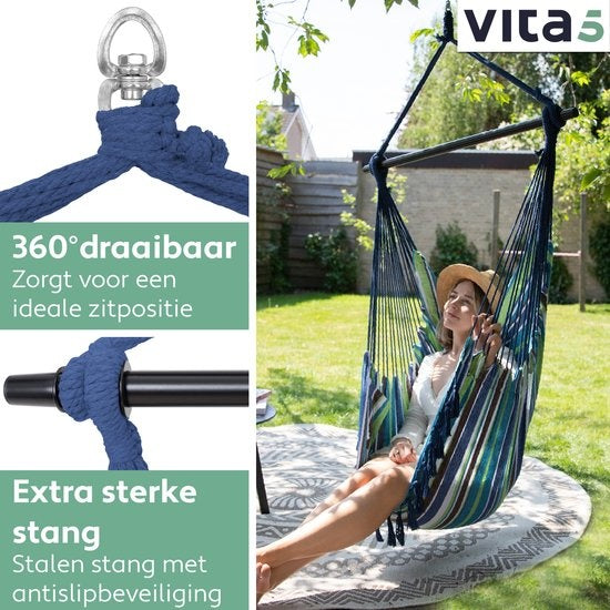 Vita5 XXL Hängesessel - Innen und Außen - Inkl. 2 Kissen - Buchfach - Erwachsene - Kinder - Maximale Belastbarkeit 150kg - Blau/Grün/Weiß