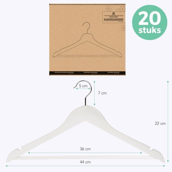 LifeGoods Kleiderbügel - Mit Hosenstange - Hartholz - Weiß - 20 Stück