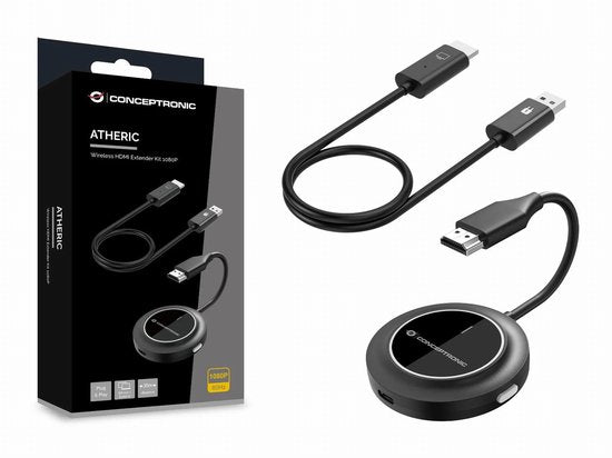 Conceptronic ATHERIC02B – Drahtloser Bildschirmadapter – Drahtloses HDMI-Verlängerungsset 1080p – HDMI/USB – Full-HD-Dongle