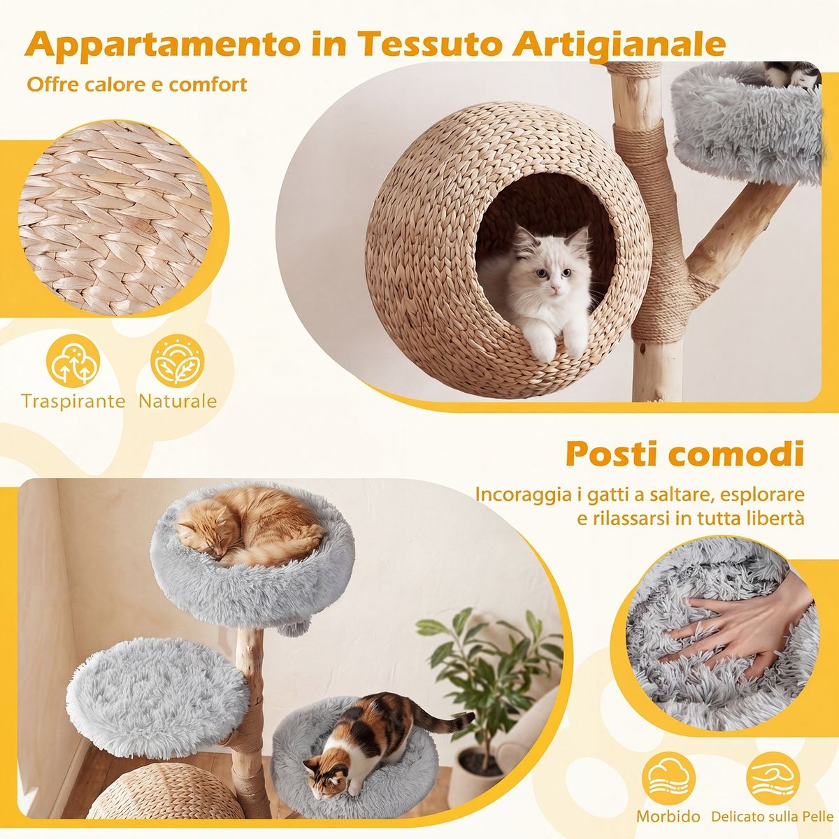 Coast Katzenbaum mit fünf Etagen – handgeflochtenes Katzenhaus – Kratzstämme aus Jute – grau
