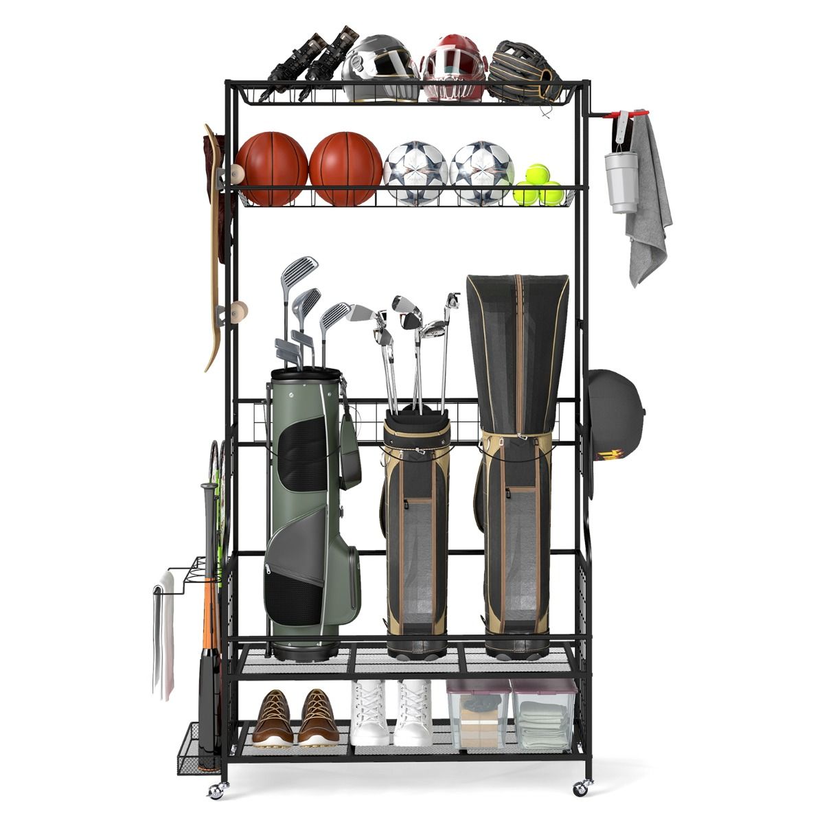 Coast Sportartikel-Organizer – mit Rollen – 4 Haken – zusätzliches Fach für Schläger – schwarz 132 x 40,5 x 194 cm