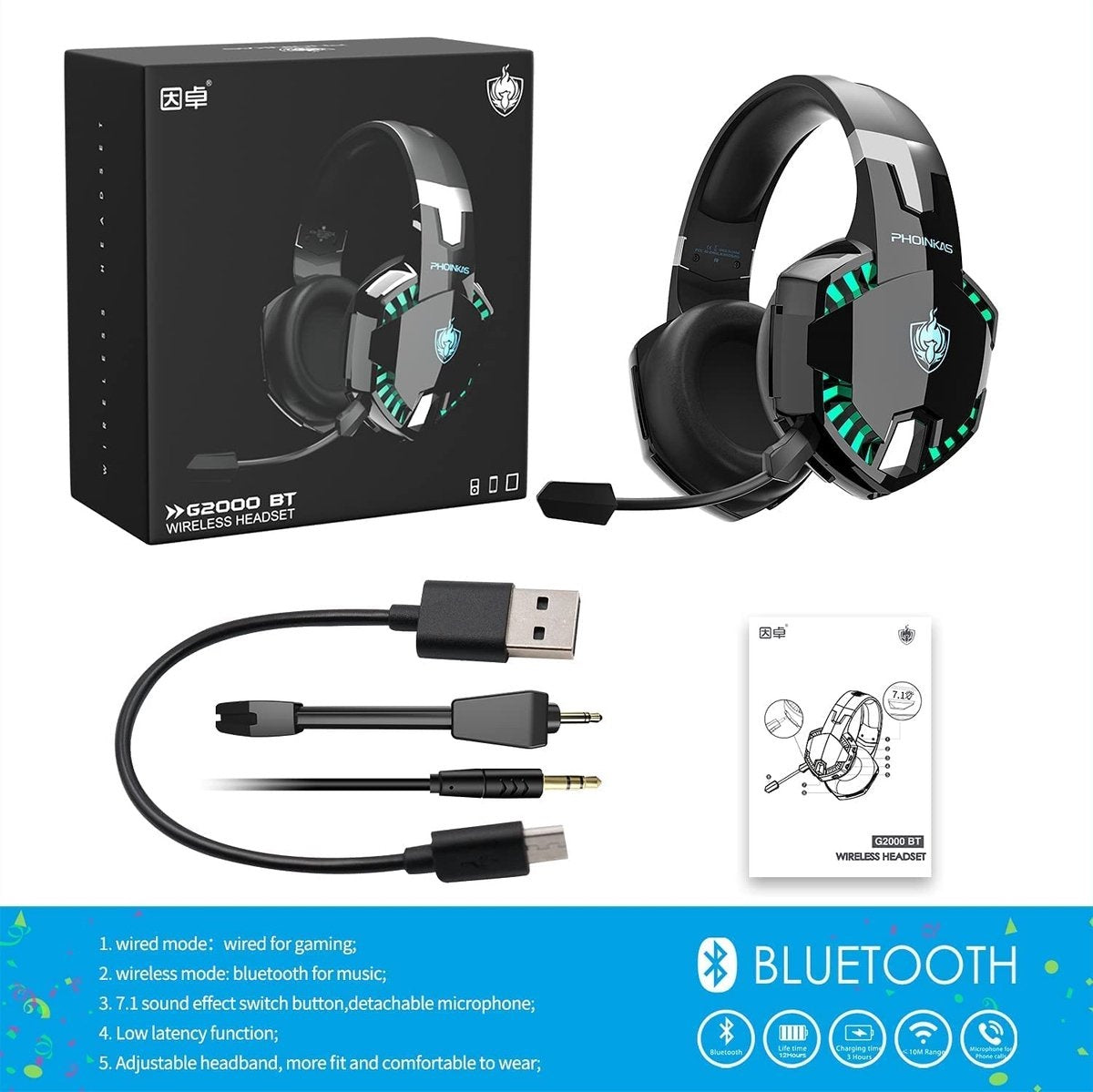 PHOINIKAS G2000 BT Bluetooth Laptop Gaming Headset mit Mikrofon Over-Ear Kopfhörer -Schwarz