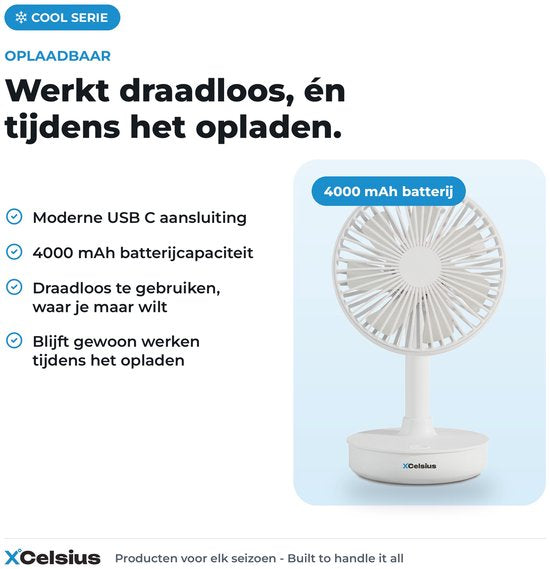 XCelsius® Kabelloser Tischventilator – Ventilator für Schreibtisch, Tisch und Arbeitsplatz – Über USB-C aufladbar – 4 Geschwindigkeitsstufen – Schwenkmodus – Neigbar – Während des Ladevorgangs nutzbar – Weiß