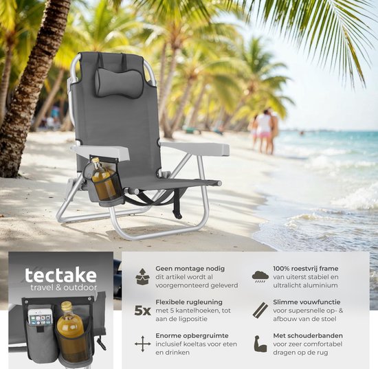 tectake® Beach Chair Coral - faltbarer Campingstuhl mit Kühltasche und Aufbewahrungstasche - 5-fach verstellbare Rückenlehne mit Kopfkissen - breite Armlehnen mit Becherhalter / Telefonhalter - faltbarer Campingstuhl - Grau
