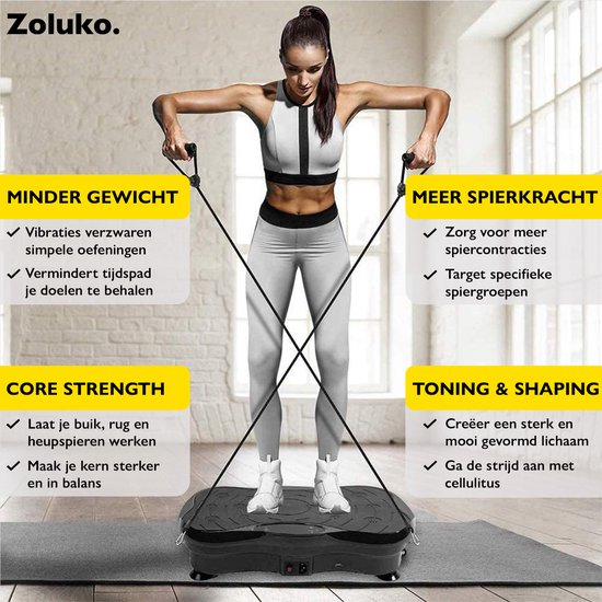 Zoluko - Fitness Vibrationsplatte - mit Bluetooth Funktion - Inkl. E-Book, Widerstandsbänder und Fernbedienung - USB Anschluss - Anti-Rutsch Gummi - Schwarz