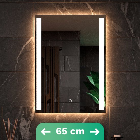 Mirlux Badezimmerspiegel mit LED-Beleuchtung & Heizung - Wandspiegel rechteckig- Anti-Kondensations-Duschspiegel - 90x65CM