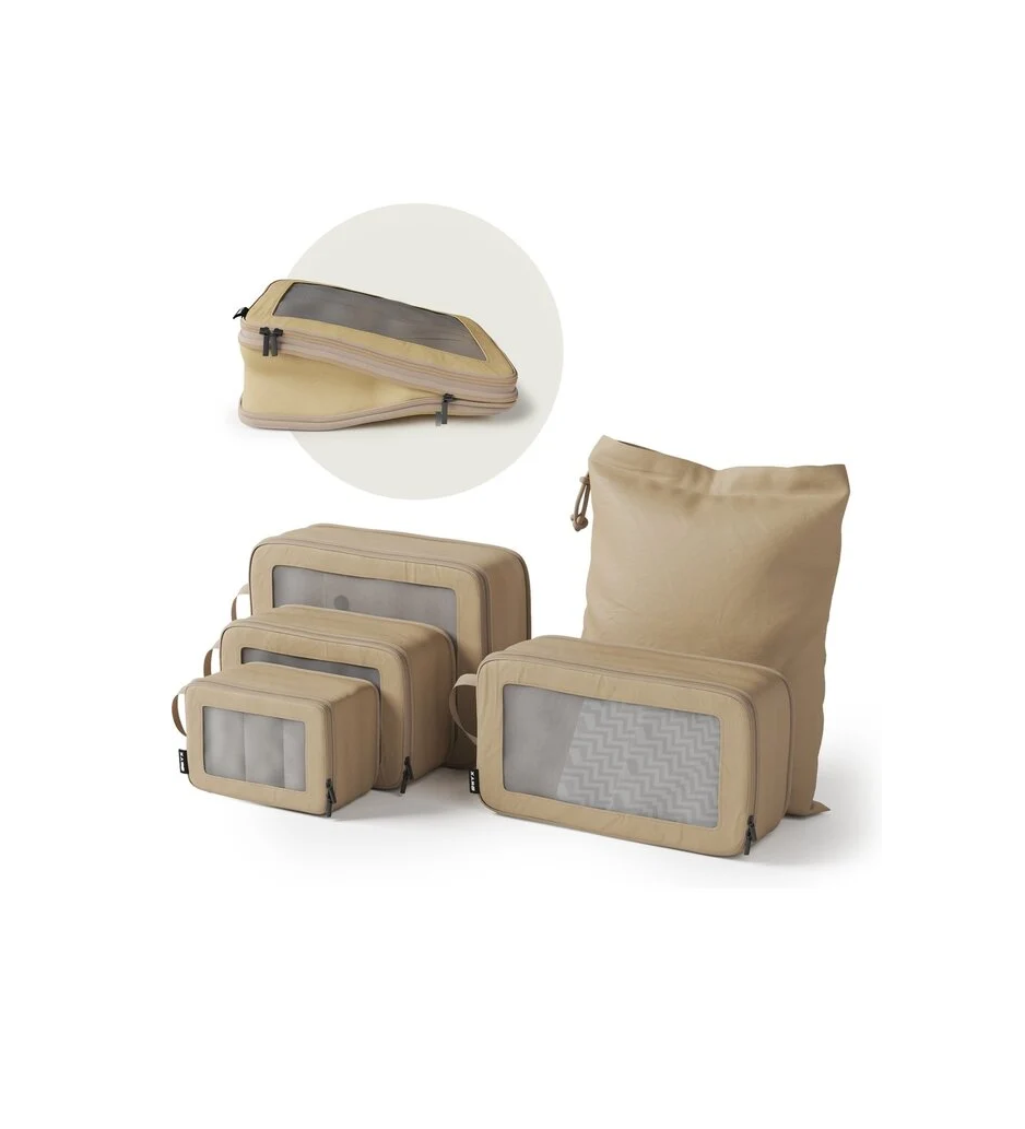 ONYXÂ¬Ã† Kompressionspackwürfel - 5 Stück - Gepäckorganizer mit Kompressionsreißverschluss - Für Koffer und Taschen - Beige