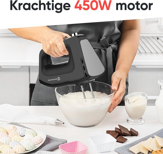 Kitchenwell - Handrührgerät - 10 Geschwindigkeitsstufen mit Turbofunktion - Knethaken und Rührbesen - Aufbewahrungshalter - schwarz