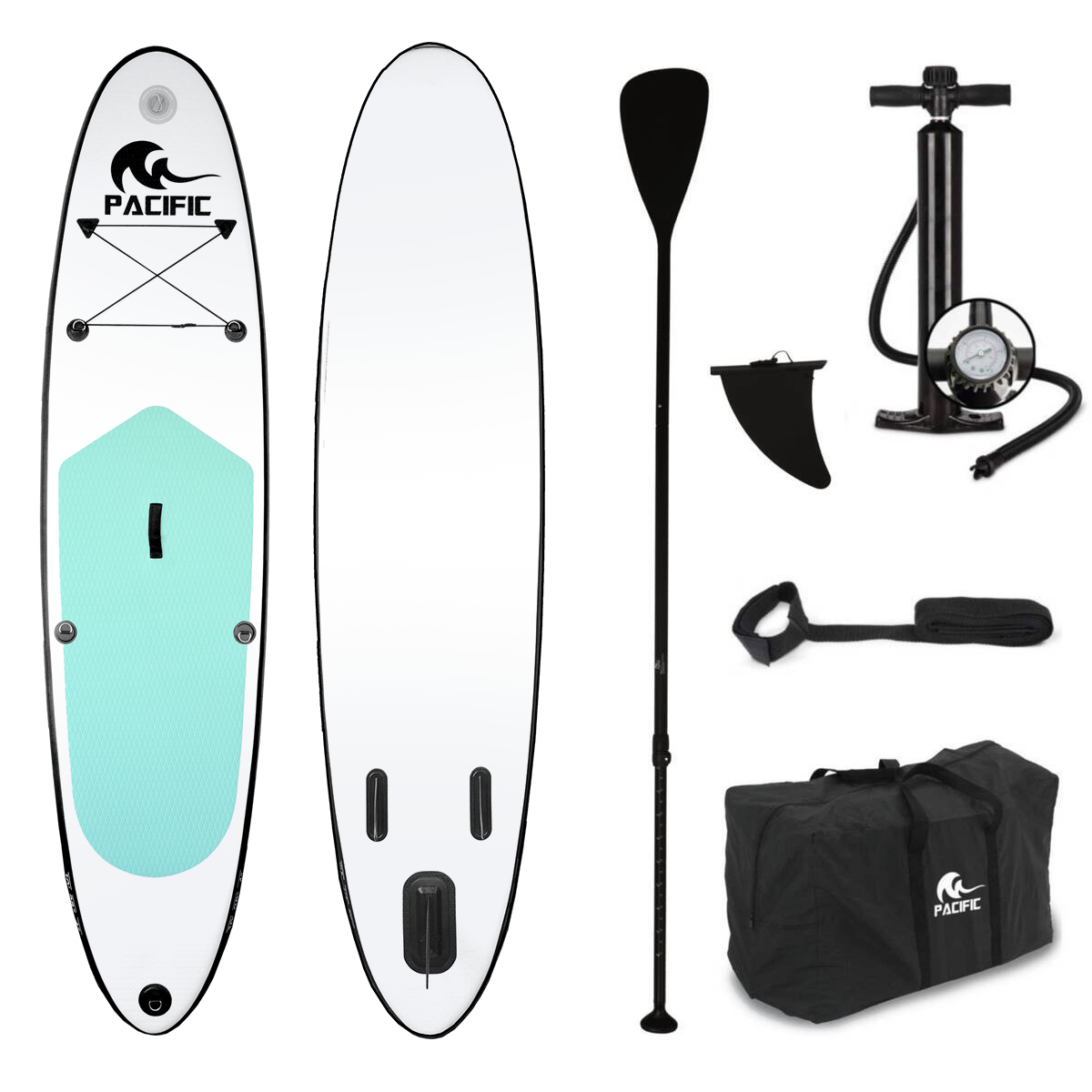 Pacific SUP - Aufblasbares Stand Up Paddel Board - Premium Version - 305cm - 100kg Tragkraft - Grün/Weiß