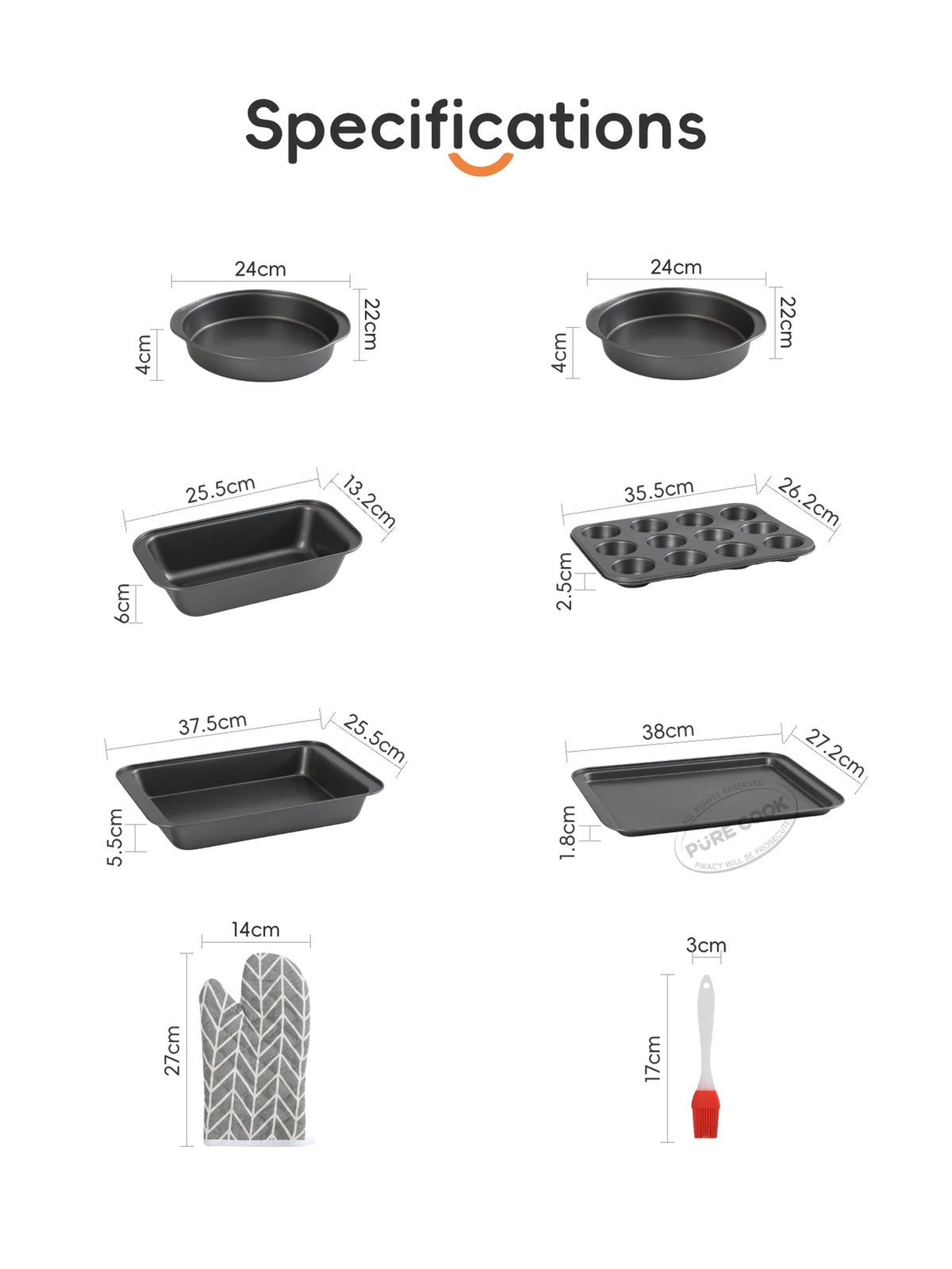 PURE COOK 8-teiliges Backset – Grau – Antihaft-Kohlenstoffstahl – Kuchenformen, Brotform, Muffinform, Backblech