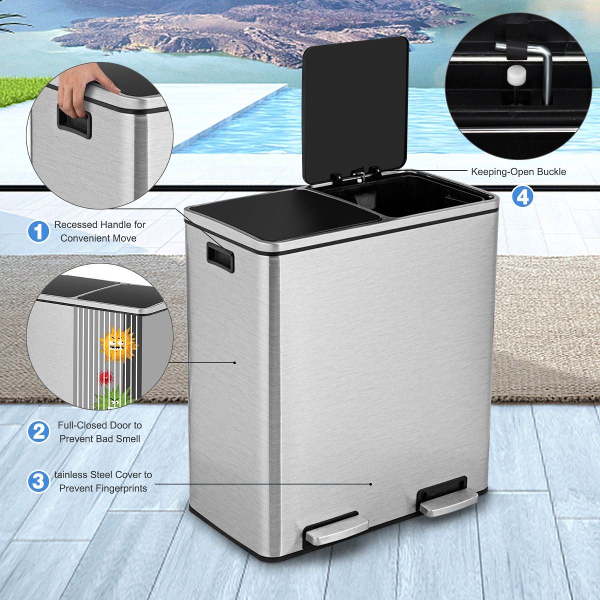Coastal Double Waste Bin - 2x30L - Herausnehmbarer Inneneimer - Edelstahl - 58,5 x 32 x 65 cm - Silber