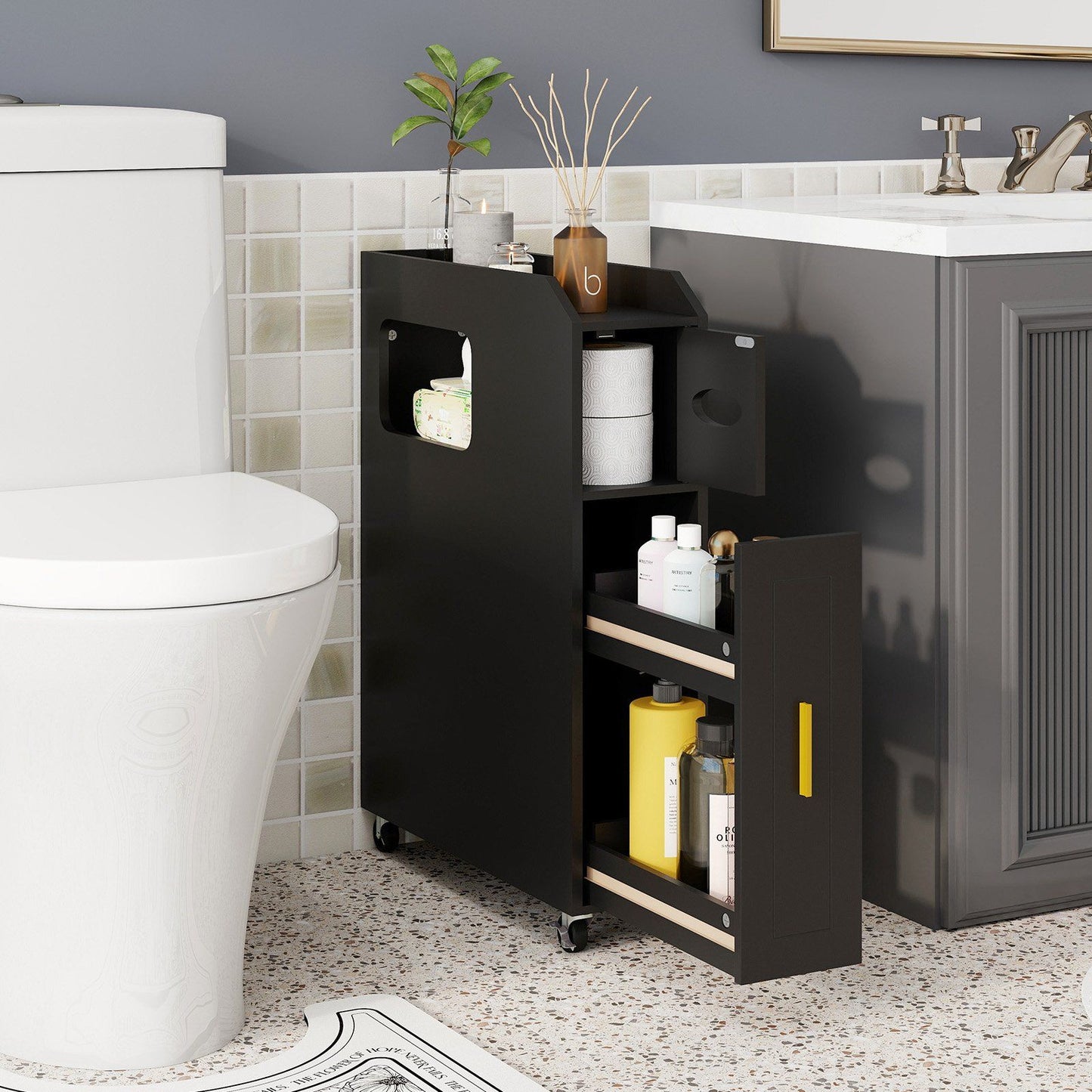Coast Schmaler Badezimmerschrank mit ausziehbarer Schublade und Toilettenbürstenhalter – 50 x 16 x 69 cm – Schwarz