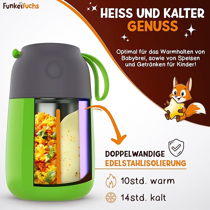 Funkelfuchs® Thermobecher für Kinderkost - 500ml, grüner Abzug - 100% auslaufsicher - Essenswärmer aus Edelstahl - Thermobecher Essen - Thermo-Lunchbox Kinder - Babykostwärmer