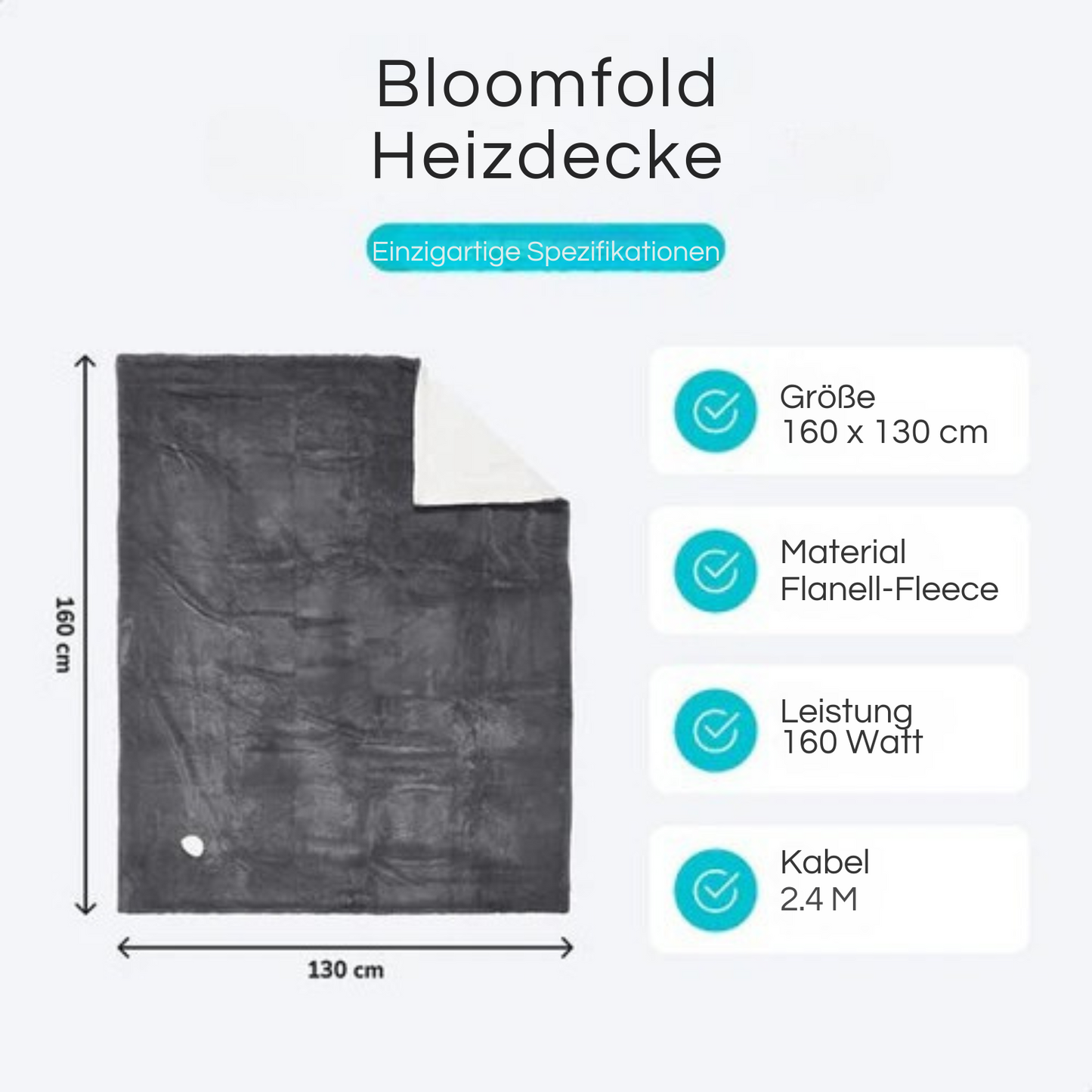 Bloomfold Elektrische Heizdecke - 160 x 130 cm - Waschbar - 9 Stufen - Mit Timer - Flanell - Grau