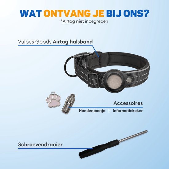 Vulpes Goods® Pets - Hundehalsband geeignet für Apple AirTag - Apple Airtag Collar for Dogs Pro - Sicher, leicht, reflektierend & komfortabel - Kratzfest und wasserabweisend - Inkl. 2 Zubehörteile - 43-51 CM - L