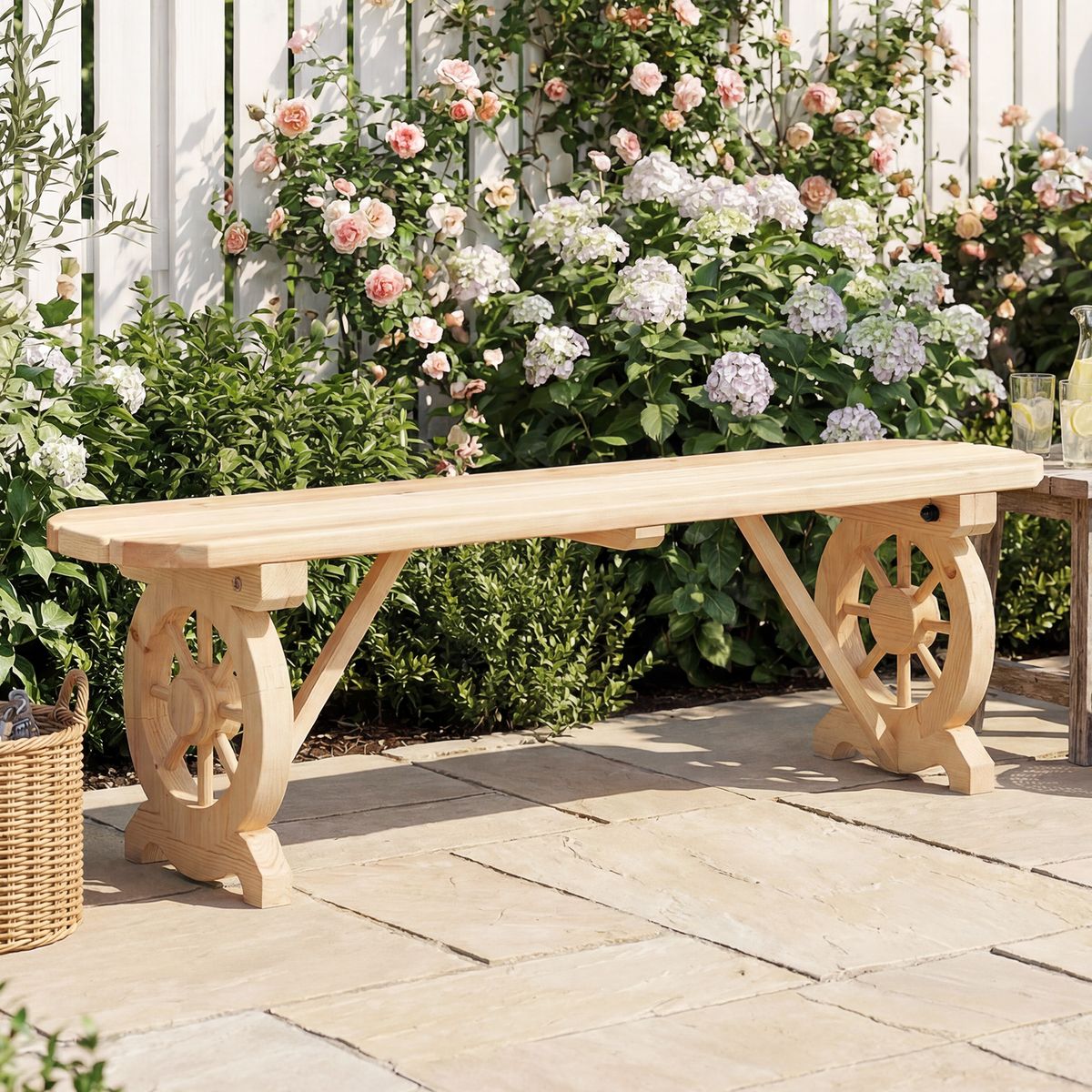 Coast Terrassenbank aus Holz – Wagenradfüße – für zwei Personen – naturfarben