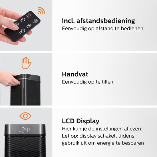 Vorteza - Keramik-Heizlüfter - bis 22 m² - 2000W - Mit Thermostat/ Drehfunktion - Innen- und Außenbereich - Ecofan-Heizung - Schwarz