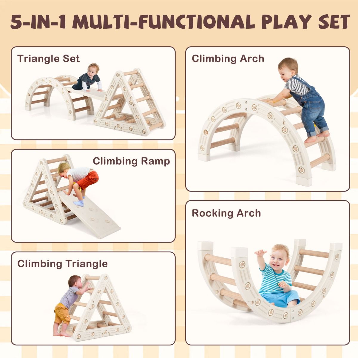 Coast Montessori Klettergerüst für Kinder – 5-in-1-Klettergerüst aus Holz mit Bogen und doppelseitiger Leiter – beige und kaffeefarben