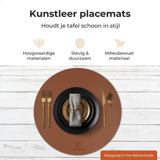 Castagnola Tischsets in Lederoptik - Runde Tischsets - Rutschfestes Kunstleder-Tischset - Wasserabweisende Untersetzer - Untersetzer - 6 Stück - Durchmesser 38 cm - Braun