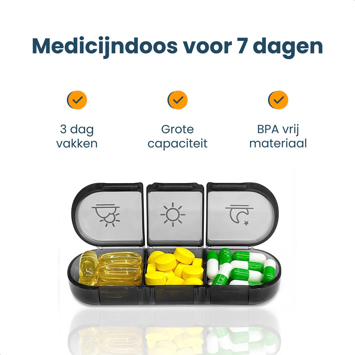 Alyze Medizin-Box 7 Tage Schwarz 15,6 x 12 x 4,2 cm - Pillenbox BPA-frei mit 3 Fächern pro Tag - Kompakte und langlebige Medikamentenbox