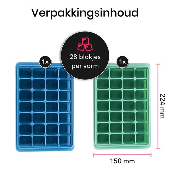 KitchenLove Silikon Eiswürfelform mit Deckel (2 Stück) - 56 Eiswürfel - Quadratisch - BPA frei - 100% Silikon - Grün & Blau