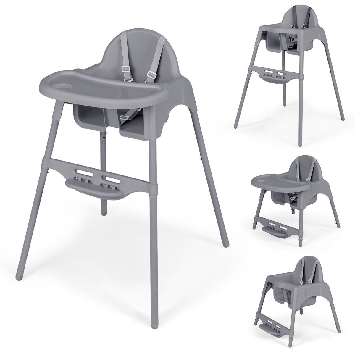 Coast 4-in-1-Kinderstuhl – umbaubar zum Kleinkindstuhl und zur Sitzerhöhung – verstellbares Tablett und Fußstütze – grau