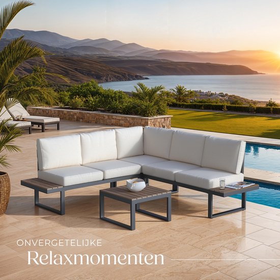 tectake® Gartenset - Loungeset 4-teilig - Wetterfeste Gartenmöbel mit Aluminiumgestell und Polyholztisch - Verstellbare Rückenlehne - Gartenmöbelset mit Kissen - Ideal für Garten, Balkon und Terrasse