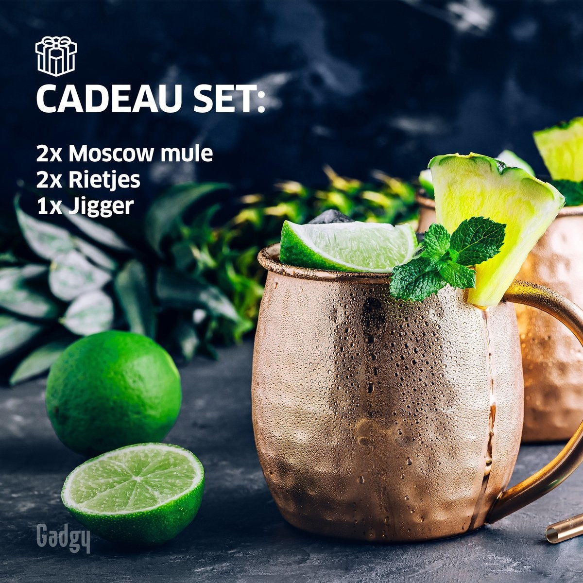 Gadgy Moscow Mule Cups Set - 100% Kupfer - Cocktail-Set : 2 Cocktailgläser, 2 Strohhalme & 1 Bar-Maß