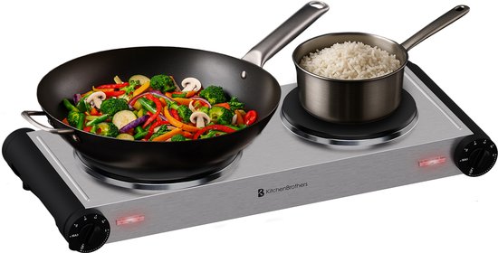 KitchenBrothers Elektrokochfeld - 2 Brenner - Freistehend - 7 Temperaturstufen - 1500W + 1000W - Edelstahl/Schwarz