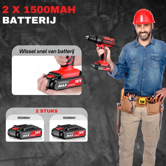 VERTREX Akku-Schrauber 18V - Akku-Bohrmaschinen - Akku-Bohrmaschinen - Bohrer - Inkl. 2 Akkus
