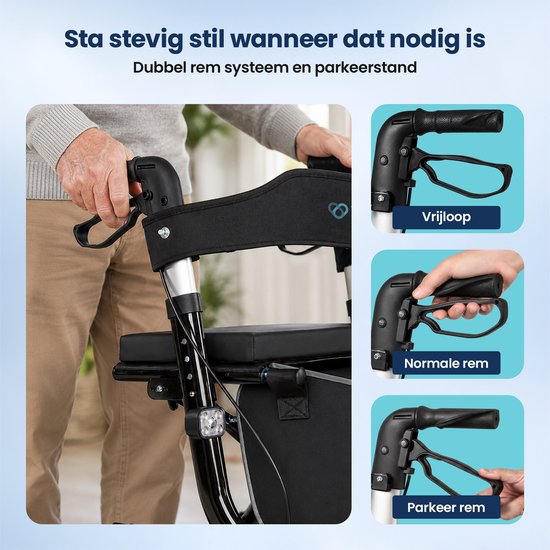 TrueSafe Rollator, leicht und zusammenklappbar (6,9 kg) – Für drinnen und draußen – Inkl. ergonomischem Sitzkissen, Beleuchtung, Rückenlehne, Gehstockhalter und mehr – Schwarz