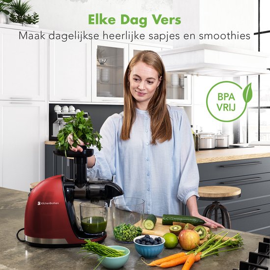 KitchenBrothers Slowjuicer - Entsafter - Gemüse- und Obstpresse - 700ml - mit Fruchtfleischbehälter - Entsafter - Geschenk zum Muttertag - Rot