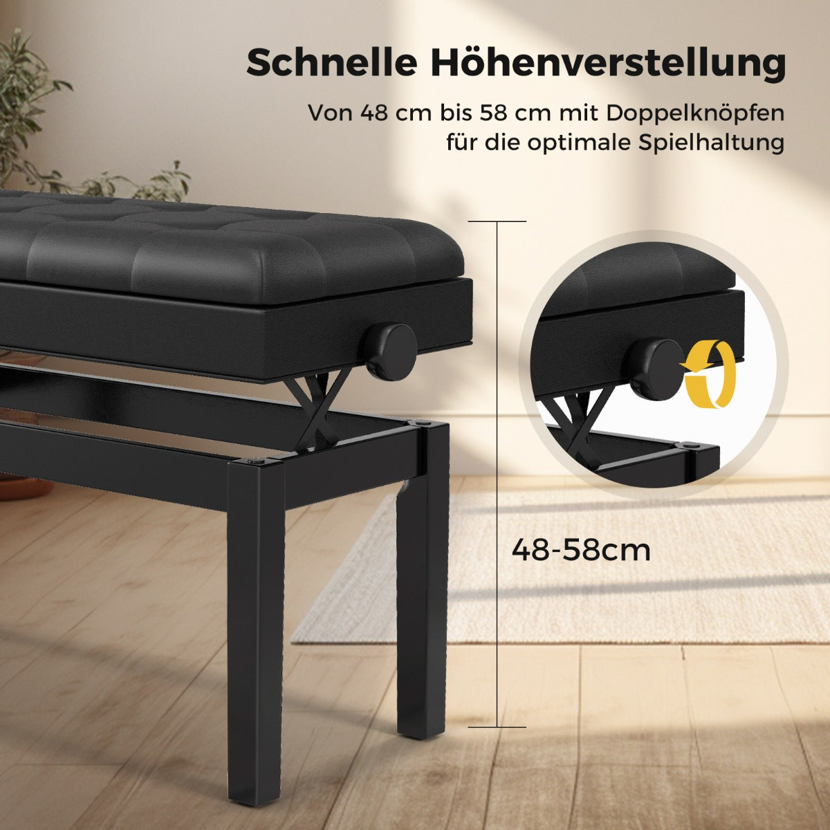 Verstellbare Duett-Klavierbank mit Ablage und wasserdichtem gepolstertem Kissen - 6 x 36 x 48-58 cm - Schwarz