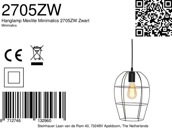 Hängeleuchte Minimalics 2705ZW – Schwarz, höhenverstellbar von 35 cm bis 185 cm, skandinavisches Design, mit E27-Fassung, von der Marke Mexlite, aus Metall, Kunststoff und Elektronik