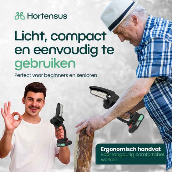 Hortensus Mini-Kettensäge - Inkl. Akku & Koffer - Akku 21 V – 10 cm