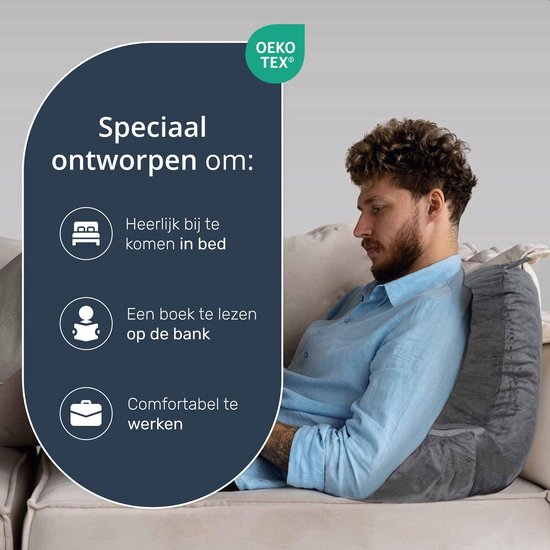 Lesekissen - Fürs Bett - Mit 3 Taschen - Rückenkissen Sofa - Sitzkissen - Lendenwirbel - Rückenkissen unterer Rücken - Lesen - Kissen - Stütze - Bücher - Buch - Sitz - Grau