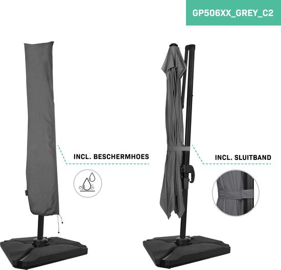 VONROC Premium Floating Parasol Pisogne 300x300cm - Inkl. befüllbaren Fliesen, Kreuzfuß & Schutzhülle - Quadratischer Sonnenschirm - 360° drehbar - Neigbar - UV-beständiges Tuch - Grau