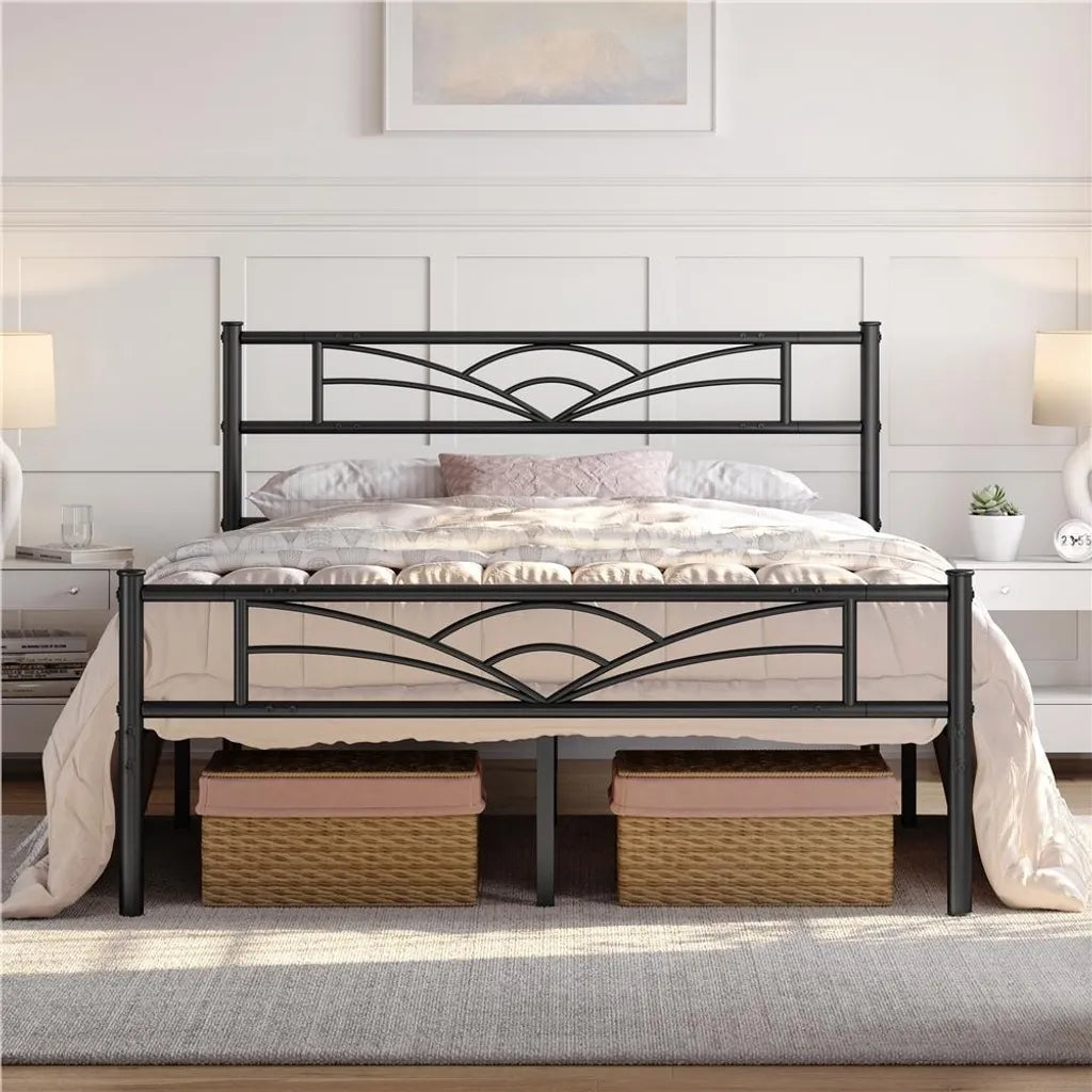 Yaheetech Metallbettgestell 140 x 200 cm – Schwarz – Doppelbett mit Kopfteil im Wolkenmuster