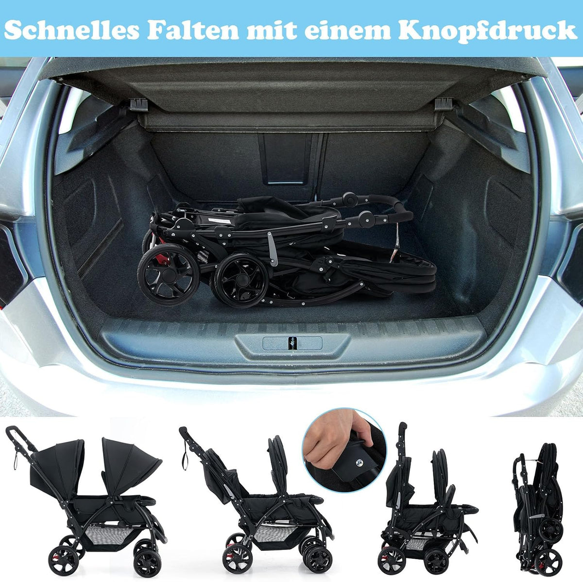Coast Tandem-Kinderwagen für zwei Kinder – zusammenklappbar mit verstellbarer Rückenlehne – schwarz – Metall