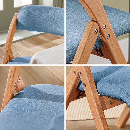 SoBuy Holz-Klappstuhl mit gepolstertem Sitzkissen, Bürostuhl, Esszimmerstuhl, Natur/Blau, 47,5x77x59 cm, FST92-BL - für Esszimmer, Balkon oder Büro