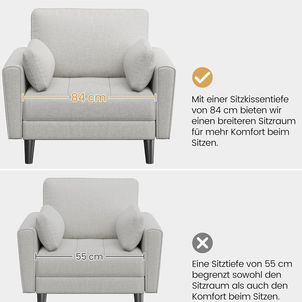 Yaheetech Loveseat-Sofa aus Leinen – Graubeige – 102,5 x 75 x 85,5 cm – Mit 2 Kissen und Seitentaschen