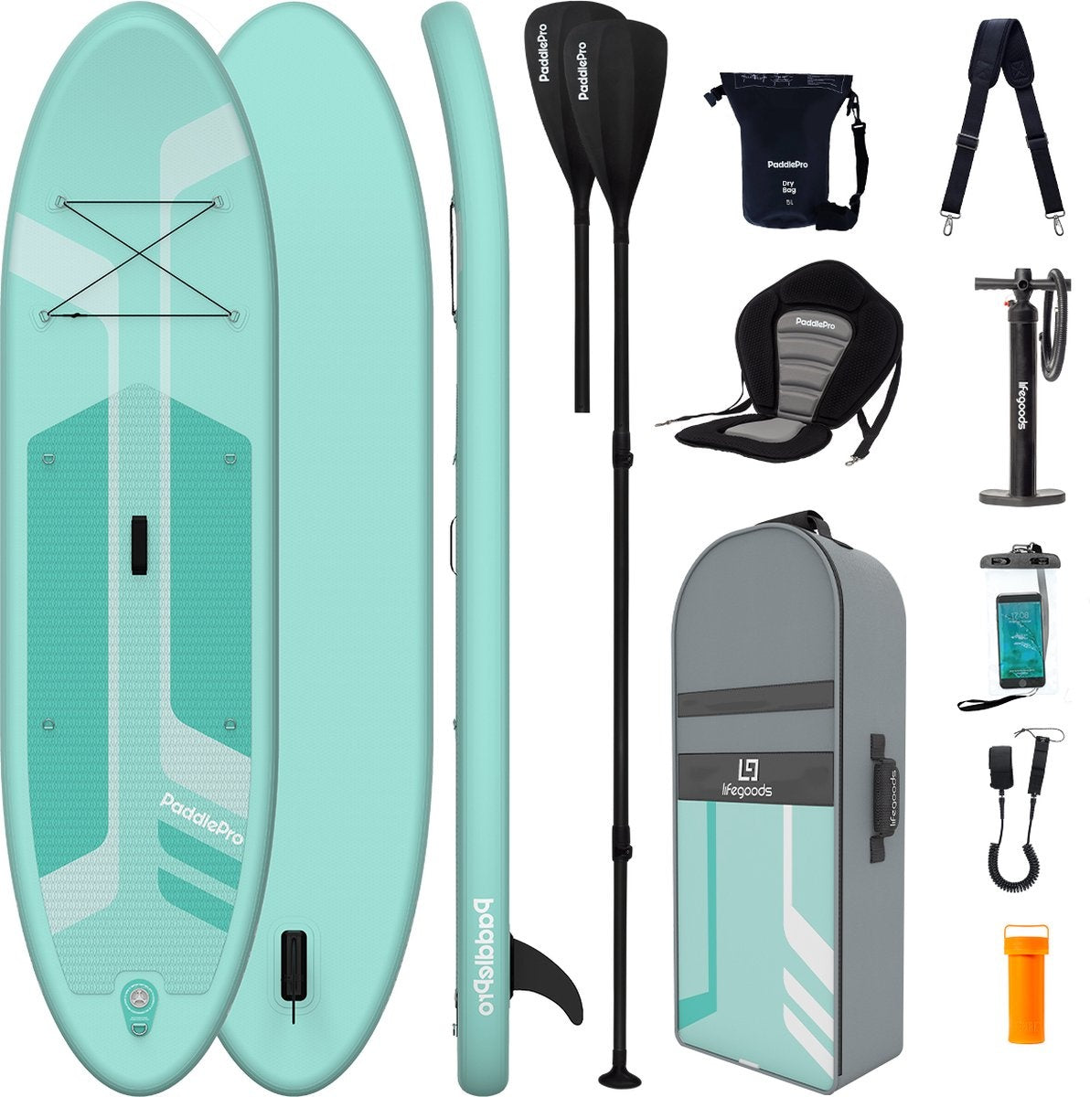 LifeGoods SUP Board - Deluxe Set - Mit Sitz - Aufblasbares Paddle Board - Max. 135KG - 320x81cm - Mintgrün