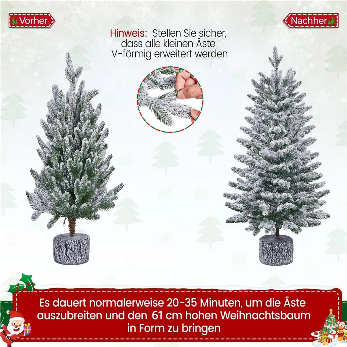 Yaheetech Tisch-Weihnachtsbaum mit Schnee und Lichtern - Φ55 x 92 cm - Mit 355 Zweigen und 50 LED-Lichtern und realistischem Stamm - Für Fensterbank und draußen - Grünes PVC und Metall